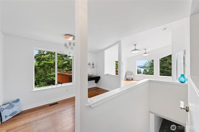 15396 Dewey Crest Ln, Anacortes, WA 98221 - corridor featuring plenty of natural light, wood finished floors, an upstairs landing, and baseboards