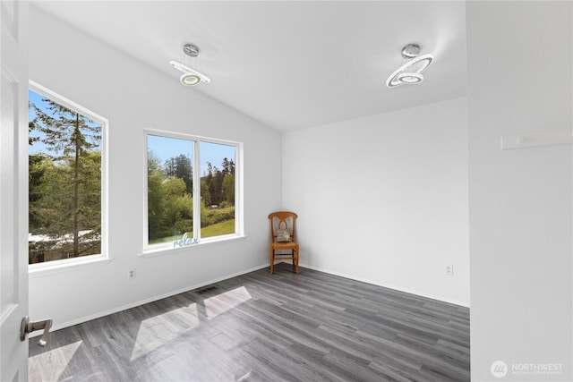 15396 Dewey Crest Ln, Anacortes, WA 98221 - unfurnished room with vaulted ceiling, wood finished floors, and baseboards