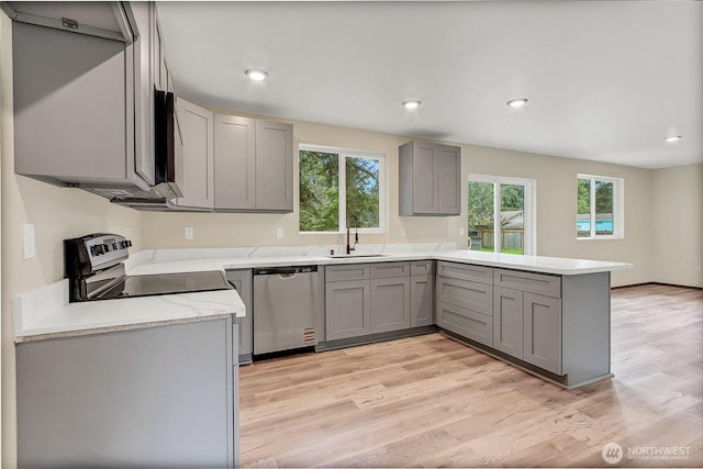 20116 58th Ave E, Spanaway, WA 98387 - kitchen with stainless steel dishwasher, gray cabinets, a sink, a peninsula, and plenty of natural light