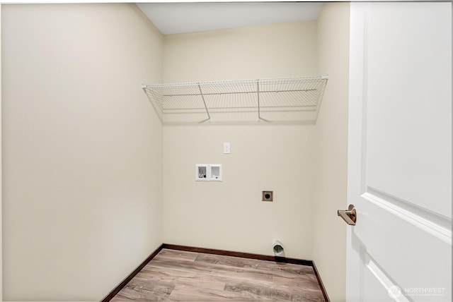20116 58th Ave E, Spanaway, WA 98387 - laundry room featuring electric dryer hookup, washer hookup, light wood-style flooring, and baseboards