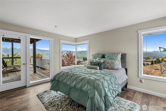 2336 Grand Ave, East Wenatchee, WA 98802 - bedroom with access to outside, multiple windows, a mountain view, and wood finished floors