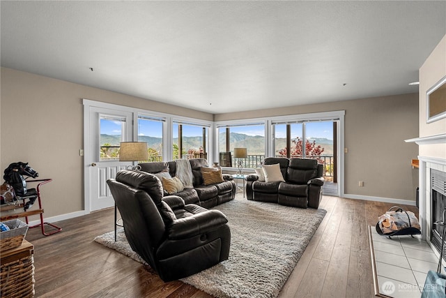 2336 Grand Ave, East Wenatchee, WA 98802 - living room featuring wood-type flooring, a fireplace with flush hearth, and baseboards