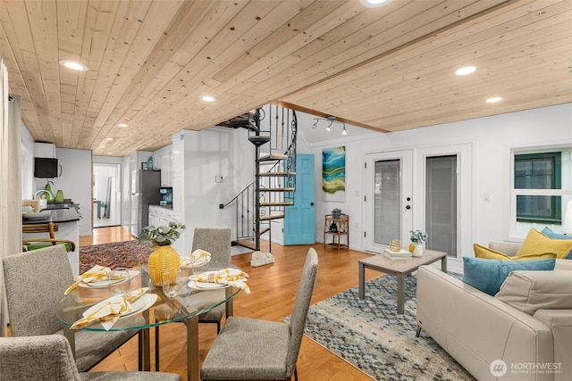 1900 N Westlake Ave N Unit 01Do7, Seattle, WA 98109 - dining space with stairway, wood ceiling, light wood-type flooring, recessed lighting, and baseboards