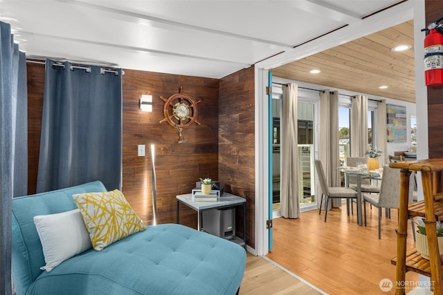 1900 N Westlake Ave N Unit 01Do7, Seattle, WA 98109 - living area featuring wood walls, recessed lighting, and light wood-style flooring