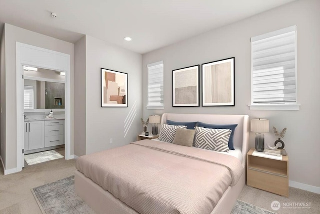 13263 NE 143rd Ct Unit 8, Woodinville, WA 98072 - bedroom featuring light carpet, baseboards, multiple windows, recessed lighting, and connected bathroom