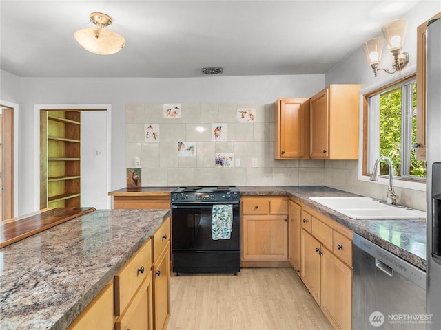 2101 Swanee Cir SE, Olympia, WA 98501 - kitchen featuring black / electric stove, dishwasher, light wood-style flooring, decorative backsplash, and dark stone countertops
