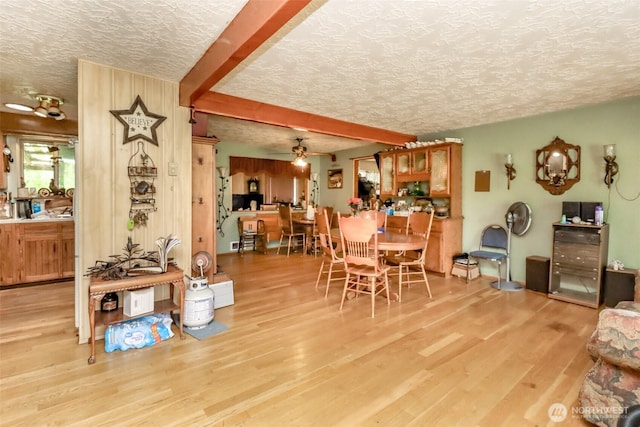 35904 Allen Rd S, Roy, WA 98580 - dining room featuring ceiling fan, a textured ceiling, wood finished floors, and beamed ceiling