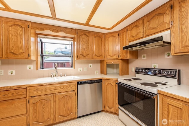 kitchen featuring electric range, dishwasher, under cabinet range hood, a sink, and decorative backsplash