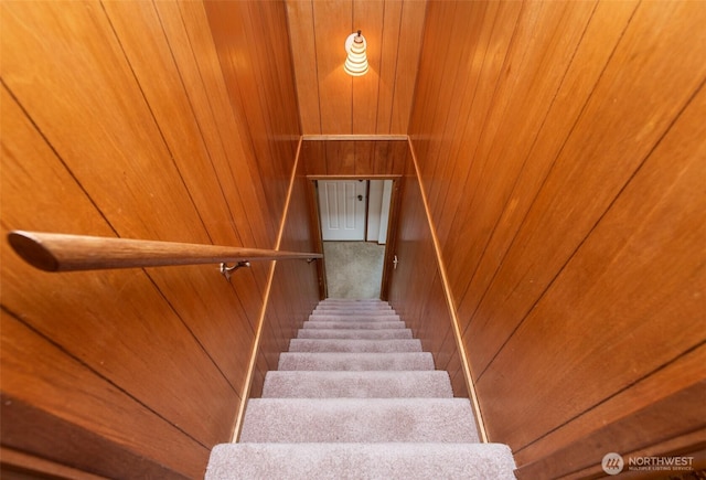 stairs with wood walls