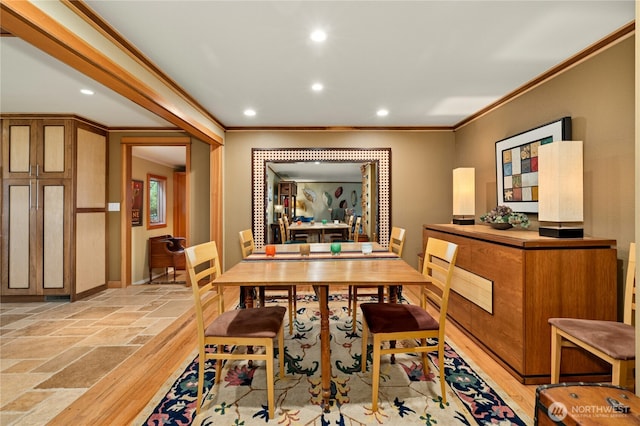 12211 SE 65th Pl, Bellevue, WA 98006 - dining area with ornamental molding, recessed lighting, stone tile flooring, and baseboards