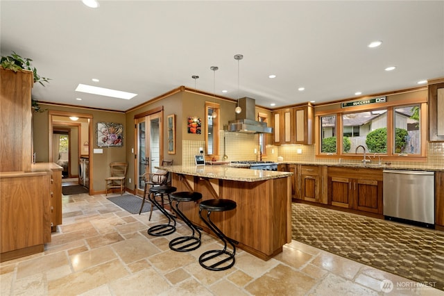 12211 SE 65th Pl, Bellevue, WA 98006 - kitchen featuring dishwasher, extractor fan, stone tile flooring, brown cabinets, and decorative backsplash