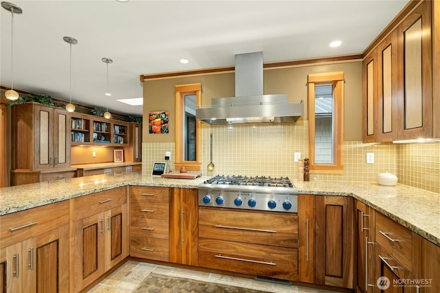 12211 SE 65th Pl, Bellevue, WA 98006 - kitchen with ventilation hood, stainless steel gas cooktop, brown cabinets, recessed lighting, and ornamental molding