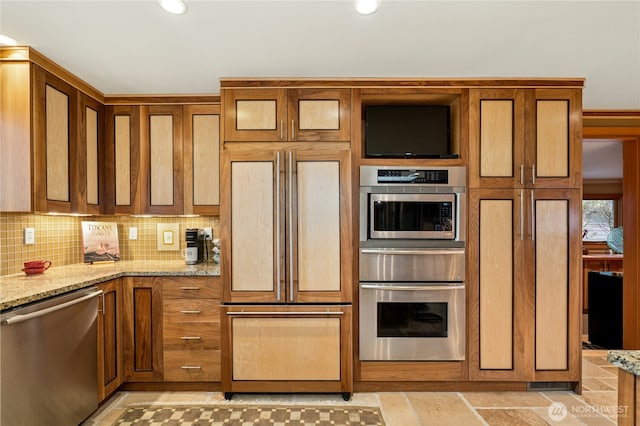 12211 SE 65th Pl, Bellevue, WA 98006 - kitchen featuring built in appliances, a warming drawer, light stone counters, brown cabinets, and recessed lighting