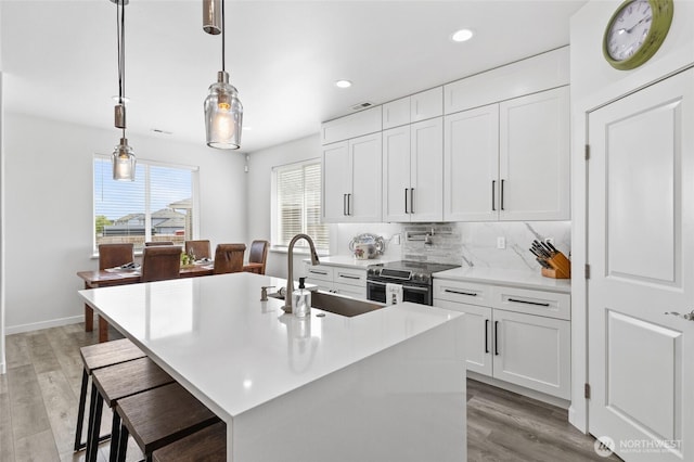 227 N Crestview Dr, Moses Lake, WA 98837 - kitchen with stainless steel electric range oven, a sink, light countertops, light wood-type flooring, and recessed lighting