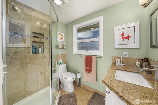 245 SW 298th Pl, Federal Way, WA 98023 - full bath with vanity, a shower stall, toilet, and tile patterned flooring