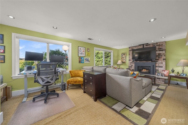 245 SW 298th Pl, Federal Way, WA 98023 - living room with a fireplace, recessed lighting, and an office area