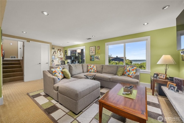 245 SW 298th Pl, Federal Way, WA 98023 - carpeted living room with stairs and recessed lighting