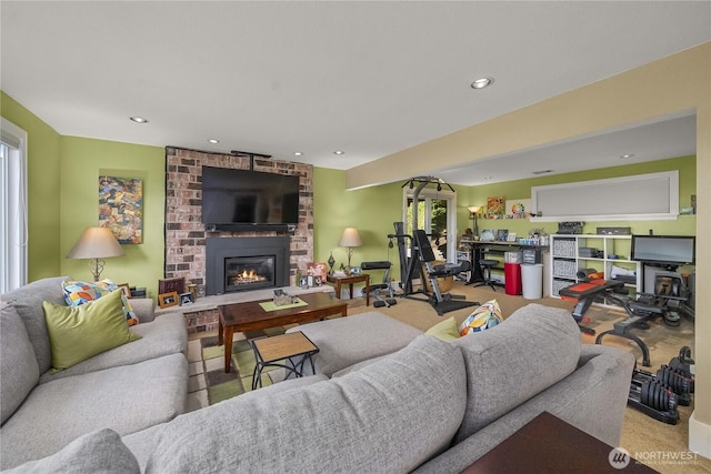 245 SW 298th Pl, Federal Way, WA 98023 - living room with carpet, recessed lighting, and a brick fireplace