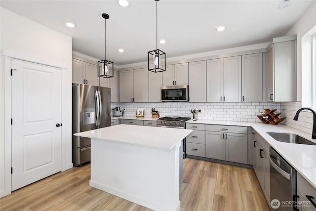 12605 179th St E, Puyallup, WA 98374 - kitchen with appliances with stainless steel finishes, a sink, gray cabinets, and recessed lighting