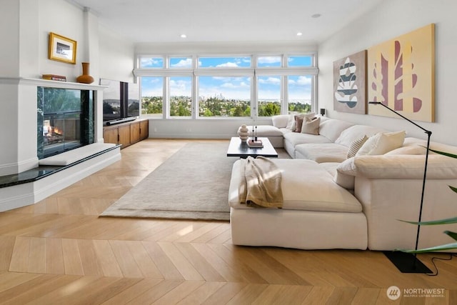 3727 W Barrett St, Seattle, WA 98199 - living room with a high end fireplace, recessed lighting, and baseboards