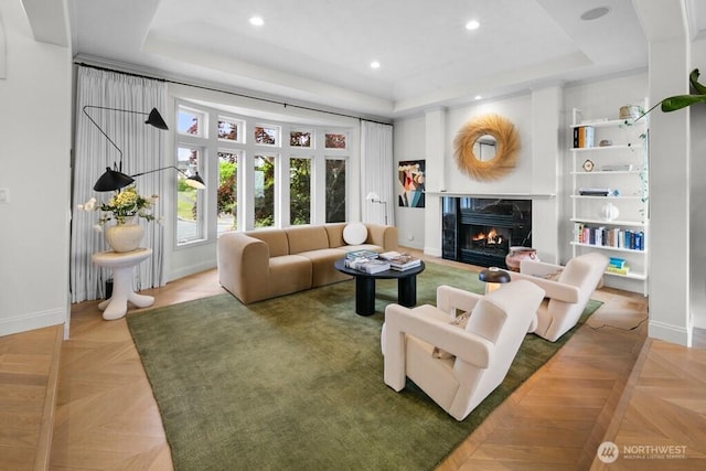3727 W Barrett St, Seattle, WA 98199 - living area with a raised ceiling, a premium fireplace, baseboards, and recessed lighting