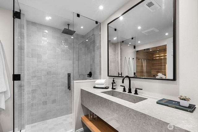 3727 W Barrett St, Seattle, WA 98199 - full bathroom with recessed lighting, a stall shower, and vanity