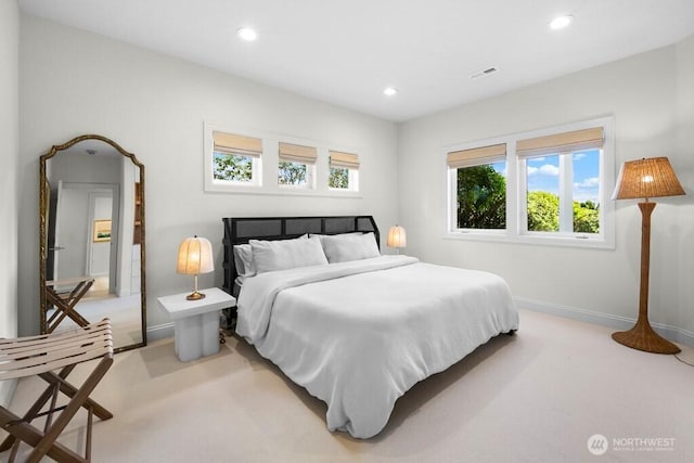 3727 W Barrett St, Seattle, WA 98199 - bedroom with baseboards, multiple windows, recessed lighting, and light colored carpet