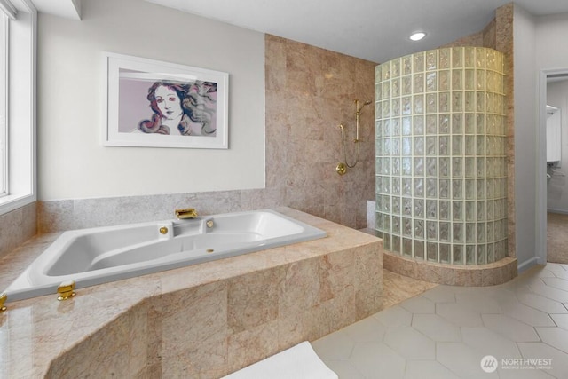 3727 W Barrett St, Seattle, WA 98199 - full bathroom featuring walk in shower, a garden tub, tile patterned floors, and recessed lighting