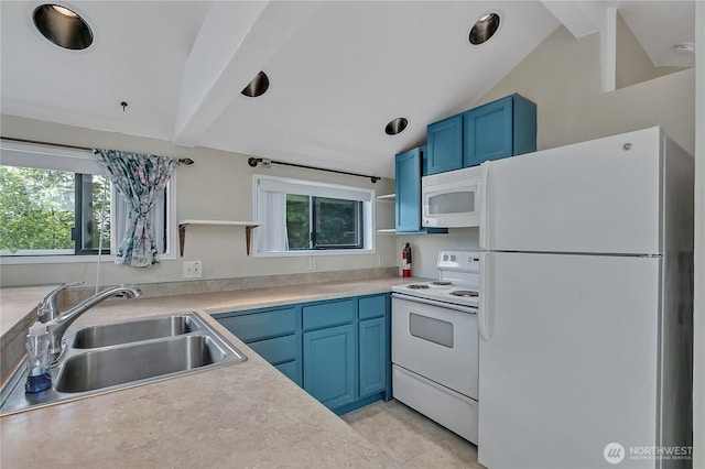 11120 SE 234th Pl, Kent, WA 98031 - kitchen with white appliances, a sink, blue cabinetry, open shelves, and light countertops