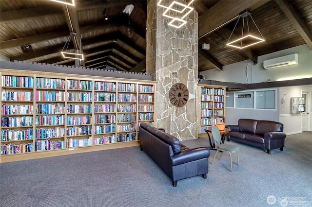 living area featuring wooden ceiling, carpet floors, a wall unit AC, high vaulted ceiling, and beam ceiling