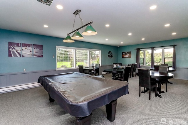 game room featuring recessed lighting, carpet, a wainscoted wall, billiards table, and a baseboard radiator