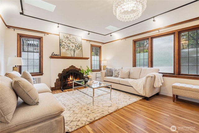 6026 35th Ave NE, Seattle, WA 98115 - living area with rail lighting, a skylight, and wood finished floors