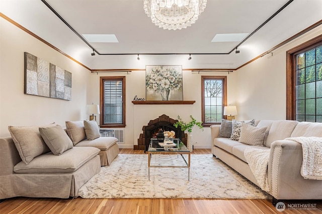 6026 35th Ave NE, Seattle, WA 98115 - living area with rail lighting, a skylight, a fireplace, and wood finished floors