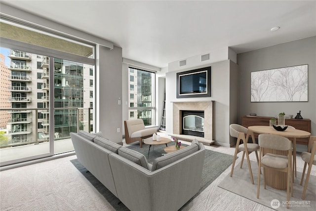 living area with a premium fireplace