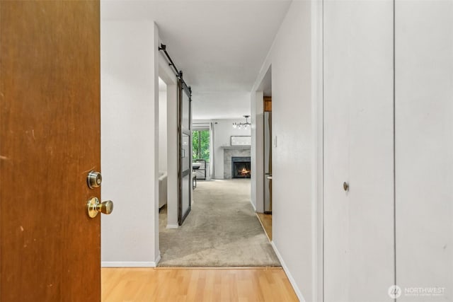 132 N 132nd Unit 202, Seattle, WA 98133 - hallway with a barn door, light wood finished floors, and baseboards