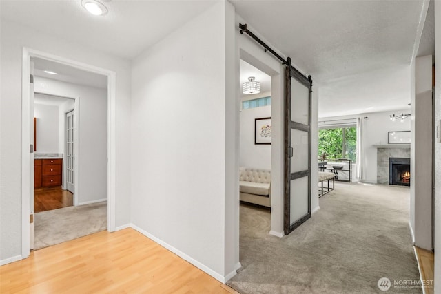 132 N 132nd Unit 202, Seattle, WA 98133 - hall with a barn door, baseboards, carpet floors, and wood finished floors