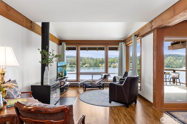 131 N Bay Ln Unit 4, Port Ludlow, WA 98365 - living room featuring vaulted ceiling, plenty of natural light, a wood stove, and wood finished floors
