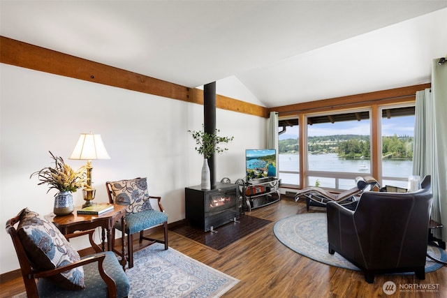 131 N Bay Ln Unit 4, Port Ludlow, WA 98365 - living room with lofted ceiling, a wood stove, and wood finished floors