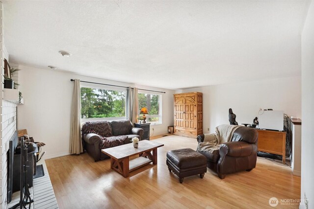 3512 Frances Dr SE, Lacey, WA 98503 - living room with a brick fireplace, light wood-style floors, and baseboards