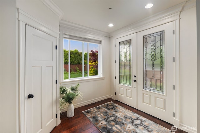 2512 Taylor Dr, Everett, WA 98203 - entrance foyer featuring french doors, crown molding, dark wood-style flooring, and recessed lighting