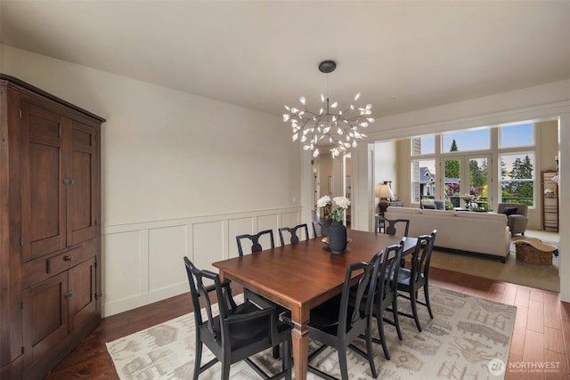 2512 Taylor Dr, Everett, WA 98203 - dining space with a chandelier, wood finished floors, wainscoting, and a decorative wall