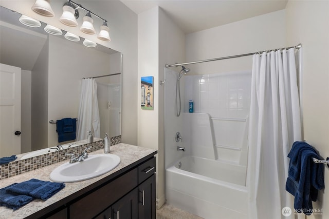 2512 Taylor Dr, Everett, WA 98203 - full bath with shower / bathtub combination with curtain, vanity, and decorative backsplash