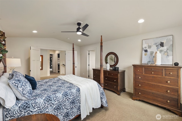 2512 Taylor Dr, Everett, WA 98203 - bedroom featuring light colored carpet, lofted ceiling, recessed lighting, and ceiling fan