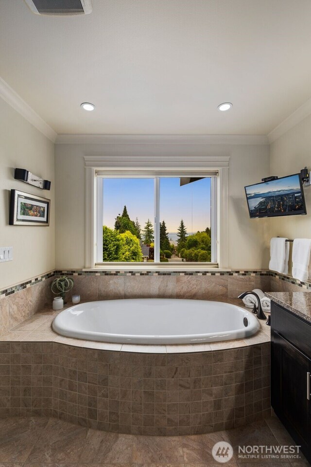 2512 Taylor Dr, Everett, WA 98203 - bathroom with plenty of natural light, a bath, vanity, ornamental molding, and tile patterned floors