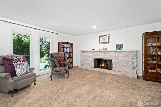 505 Cougar St SE, Lacey, WA 98503 - carpeted living area with a stone fireplace and recessed lighting