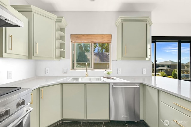 5496 Grandview Rd, Blaine, WA 98230 - kitchen featuring wall chimney exhaust hood, appliances with stainless steel finishes, a sink, light countertops, and open shelves