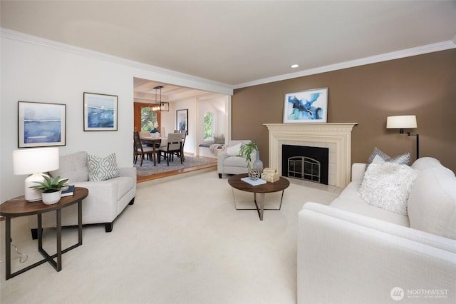 11423 NE 104th St, Kirkland, WA 98033 - living room featuring crown molding, a chandelier, light carpet, a fireplace, and recessed lighting