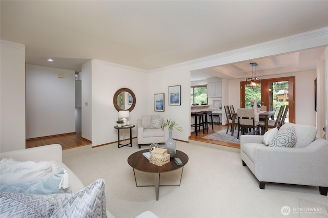 11423 NE 104th St, Kirkland, WA 98033 - carpeted living room with recessed lighting, a raised ceiling, and baseboards