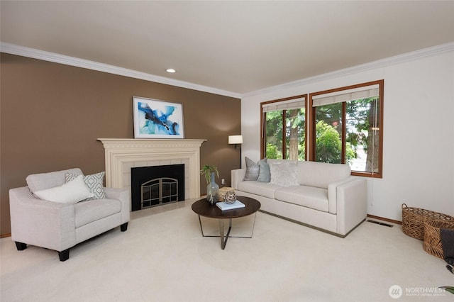 11423 NE 104th St, Kirkland, WA 98033 - carpeted living room featuring crown molding, baseboards, a tile fireplace, and recessed lighting