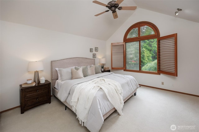 11423 NE 104th St, Kirkland, WA 98033 - bedroom featuring light colored carpet, baseboards, high vaulted ceiling, and ceiling fan